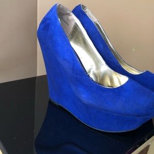 Popping bright blue faux Swede wedges